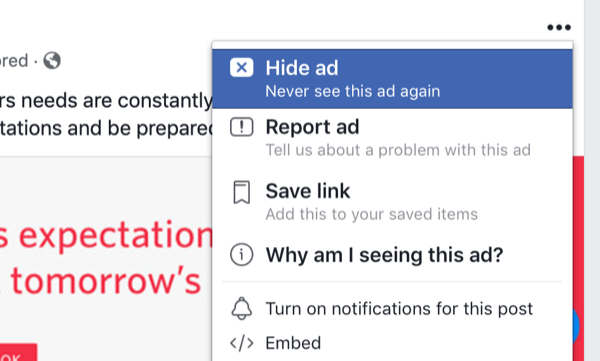 opciones para ocultar anuncios de Facebook en el feed