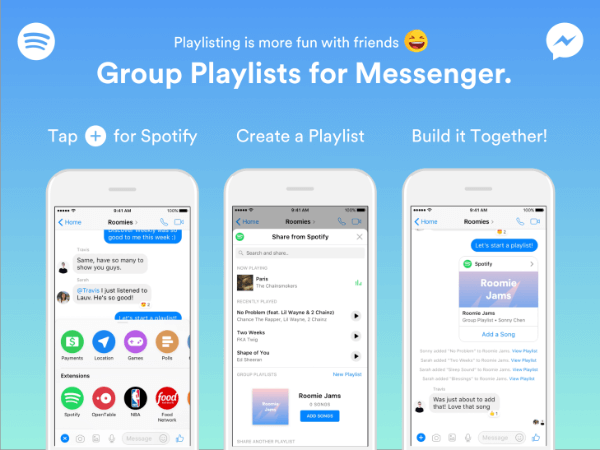 Spotify expandió la funcionalidad dentro de su bot Messenger para permitir que los grupos creen listas de reproducción directamente desde la aplicación Messenger.