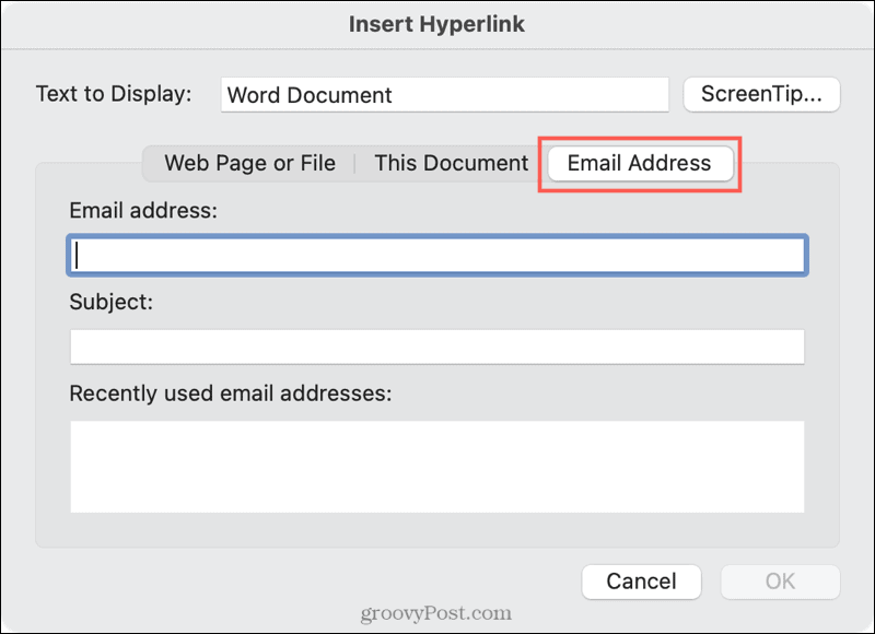Vincular a un correo electrónico en Word en Mac
