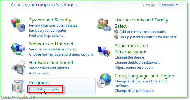haga clic en desinstalar un programa para continuar eliminando, es decir, de Windows 7