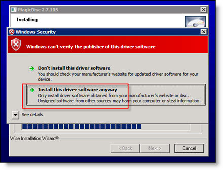 Aceptar la instalación del controlador de MagicISO en el servidor 2008