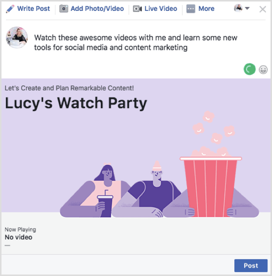 Haga clic en Publicar para publicar su publicación de Facebook Watch Party.