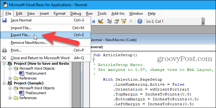 Vaya a Archivo> Exportar archivo en el editor VBA en Word