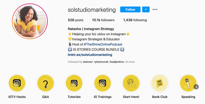 captura de pantalla de la biografía de la cuenta de Instagram de Sol Studio Marketing