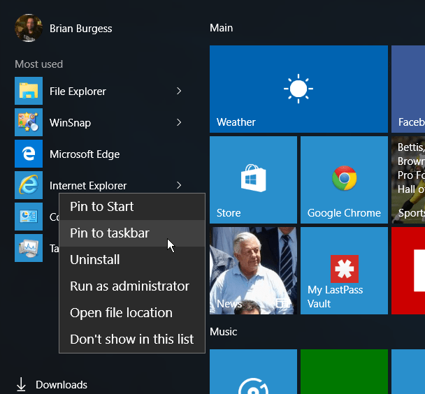 IE Start Menu Windows 10