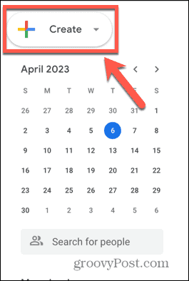 Captura de pantalla del botón Crear de Google Calendar