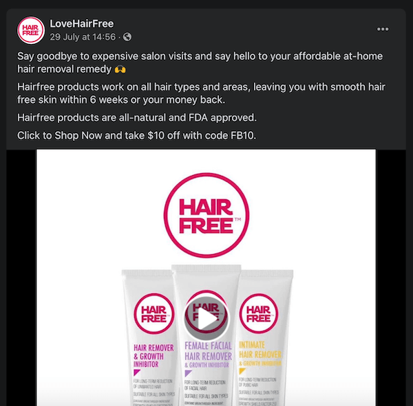publicación de facebook de lovehairfree que señala sus productos de depilación comparándolos con las costosas visitas al salón