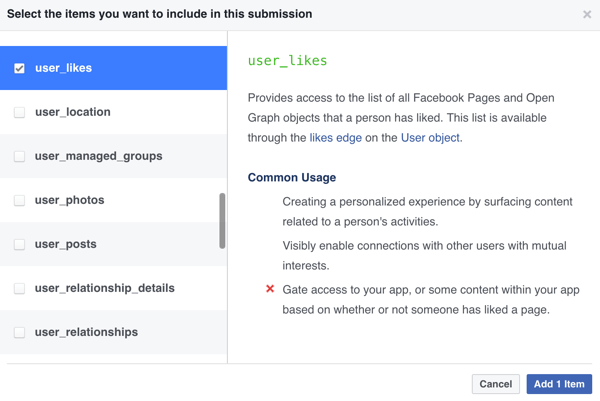 Seleccione qué elementos desea incluir en el envío de su aplicación de Facebook.