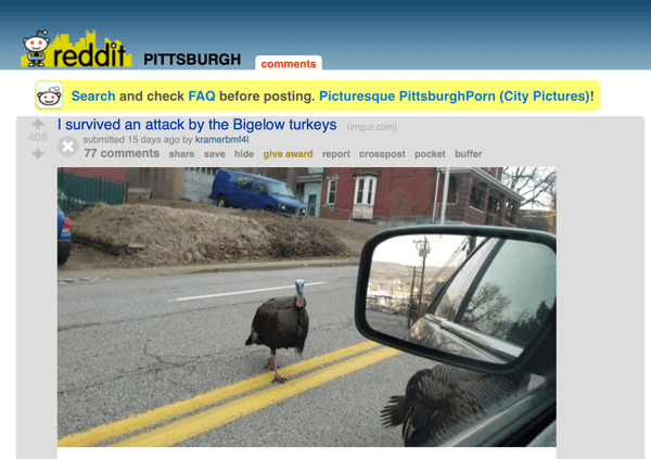 Cómo comercializar su negocio en Reddit, publicación de ejemplo de subreddit r / Pittsburgh