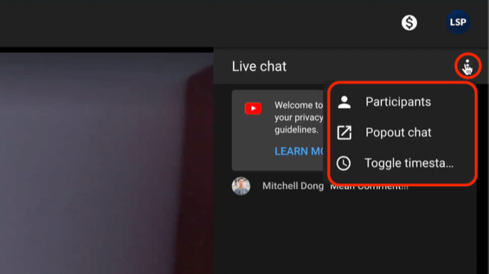 Opciones del menú de chat en vivo de YouTube, incluida la visualización de los participantes y la salida del chat para una mejor visualización y moderación