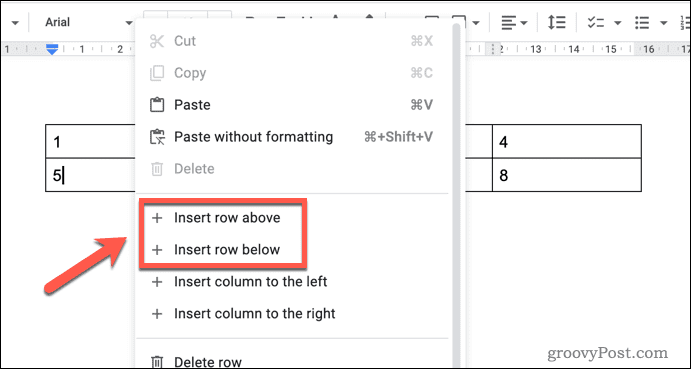 Insertar una nueva fila en una tabla de Google Docs