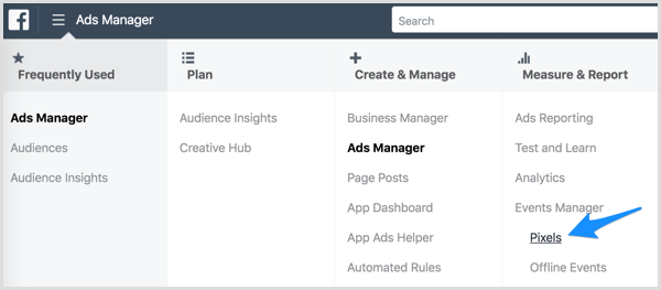 Acceda al píxel de Facebook a través de Ads Manager.
