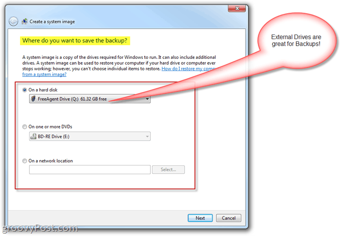 Windows 7: Cree una imagen del sistema: elija dónde realizar una copia de seguridad