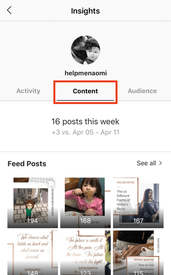 Vea los datos de ROI de Instagram Stories, paso 2.