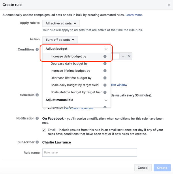 Utilice las reglas automatizadas de Facebook, aumente el presupuesto cuando el ROAS sea superior a 2, paso 1, establezca la acción
