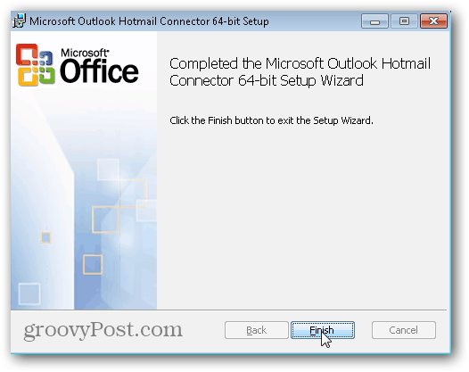 Outlook.com Outlook Hotmail Connector: haga clic en Finalizar