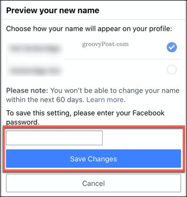 Confirmar un cambio de nombre de Facebook en la aplicación móvil
