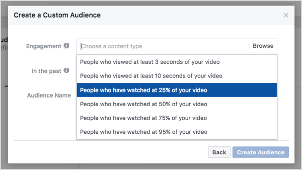 Audiencia personalizada de Facebook basada en un 25% de visualizaciones de vídeo.