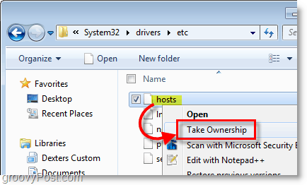 Captura de pantalla de Windows 7: use el menú contextual del botón derecho para tomar posesión de cualquier archivo en Windows 7