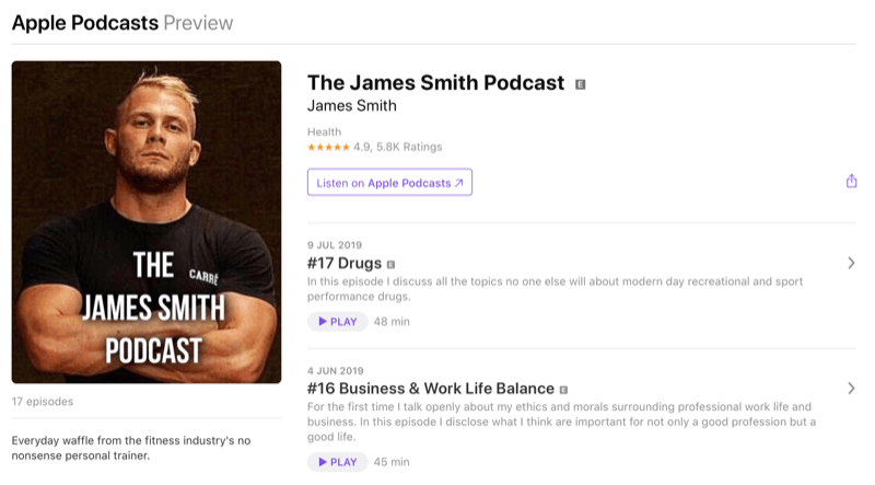 Estrategia de marketing en redes sociales; Captura de pantalla del podcast de James Smith en Apple Podcasts. James es un conocido influencer en el mundo del fitness.