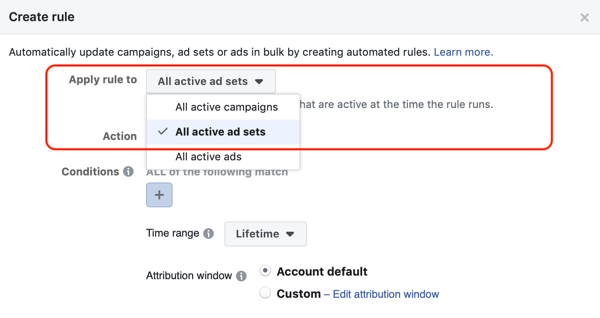 Utilice las reglas automatizadas de Facebook, detenga el conjunto de anuncios cuando el gasto sea dos veces mayor que el costo y menos de 1 compra, paso 1, aplique a todos los conjuntos de anuncios
