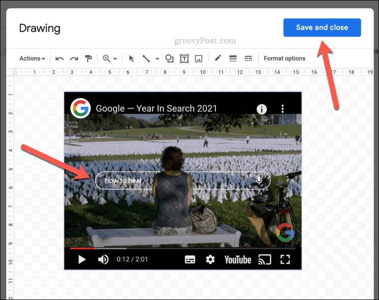 Reproducción de un video de YouTube dentro de un dibujo de Google Docs