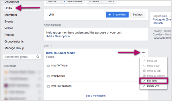 Haga clic en los tres puntos a la derecha de la unidad del grupo de Facebook que desea editar.