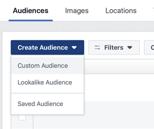Opción para crear una audiencia personalizada, una audiencia similar o una audiencia guardada en Facebook.