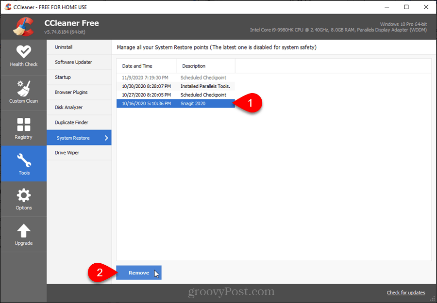 Puntos de restauración del sistema en CCleaner