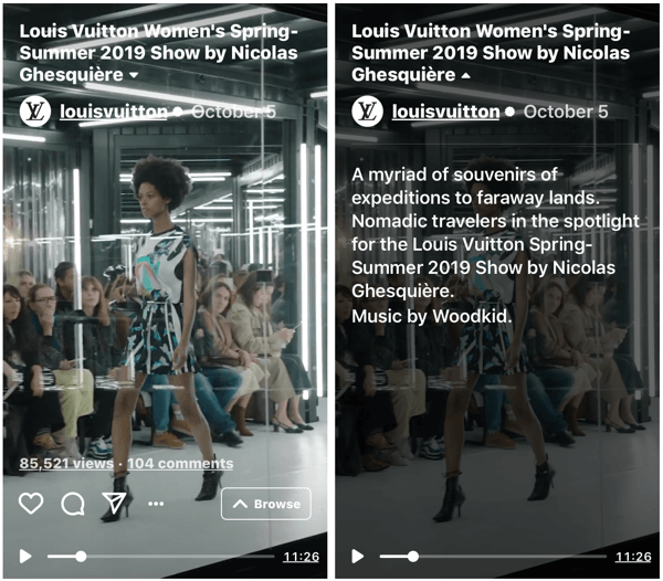 Ejemplo del programa IGTV de Louis Vuitton para su desfile de moda femenina Primavera-Verano 2019.