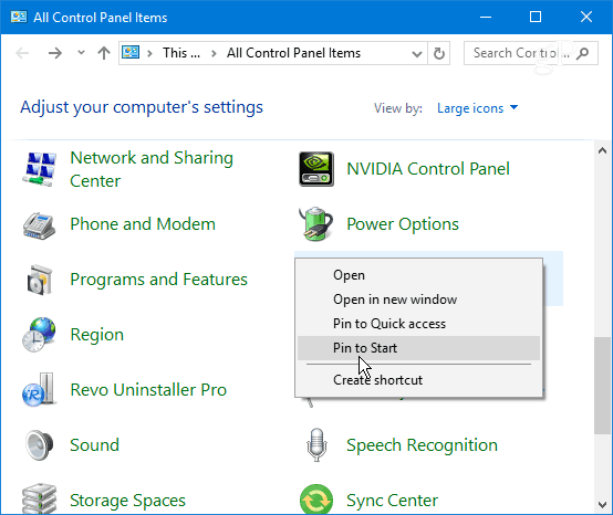 Pin Panel de control Elemento Windows 10 Inicio