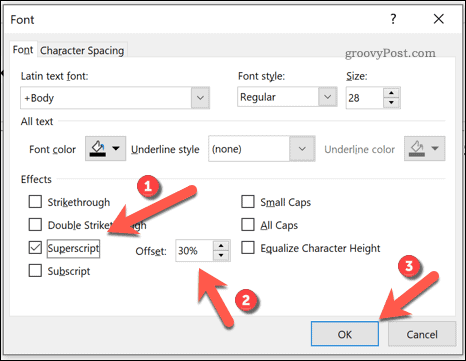 Opciones para agregar texto de subíndice o superíndice en PowerPoint en Windows