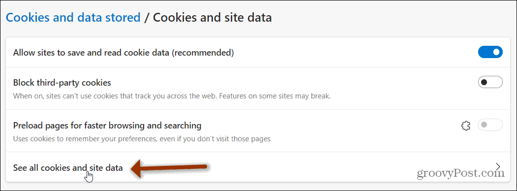 ver todas las cookies y el borde de datos del sitio