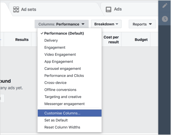 Navega a tu panel de Facebook Ads Manager y selecciona Personalizar columnas en el menú desplegable Columnas.