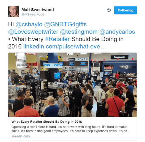 Matt Sweetwood comparte publicaciones de LinkedIn en Twitter