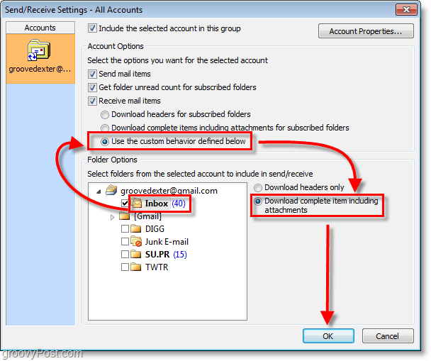 Captura de pantalla de Outlook 2010: la bandeja de entrada utiliza el elemento completo de descarga del comportamiento personalizado