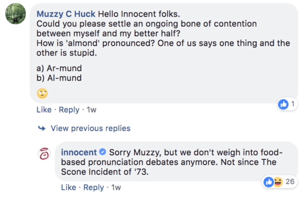 Ejemplo de Innocent respondiendo a una pregunta de comentario en una publicación de Facebook.