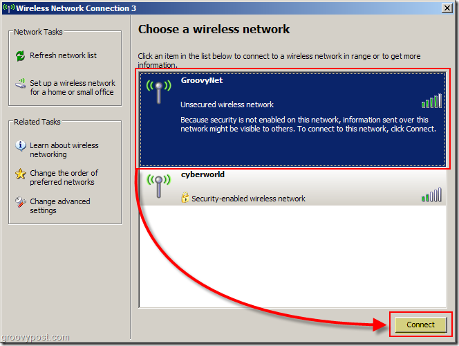 Menú de Windows XP para elegir una captura de pantalla de red inalámbrica:: groovyPost.com