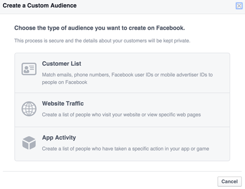 seleccione un tipo de audiencia personalizada de Facebook
