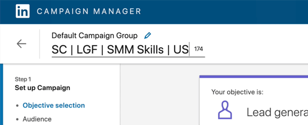 captura de pantalla del nombre de la campaña de LinkedIn editado para decir 'SC | LGF | Habilidades SMM | NOS'