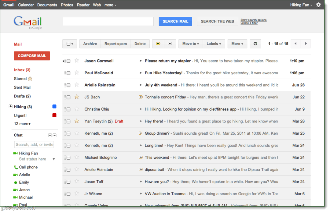 Vista de la bandeja de entrada de Gmail, tema de vista previa