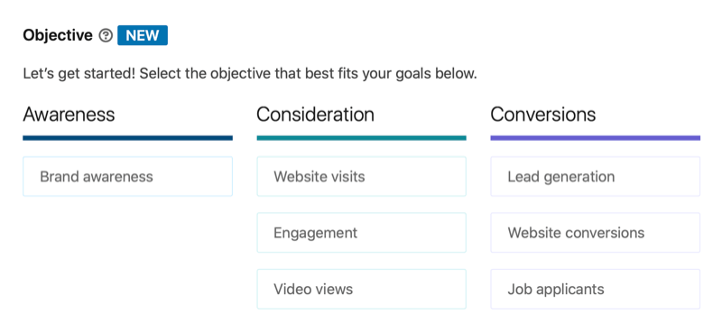Lista de objetivos de la campaña publicitaria de LinkedIn, incluidas las visualizaciones de video en consideración