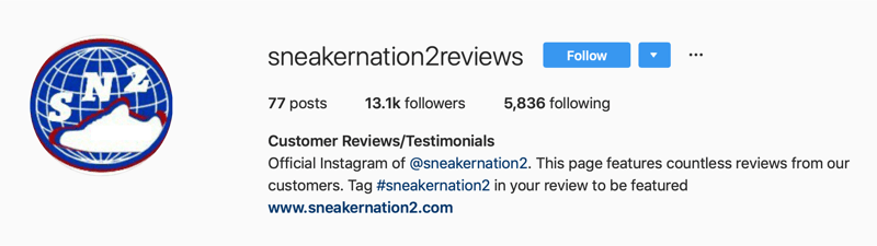 cuenta secundaria de Instagram para reseñas de SneakerNation2