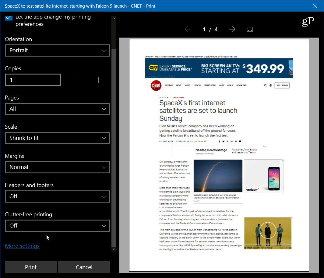 Imprima artículos del sitio web limpios y sin desorden con Microsoft Edge