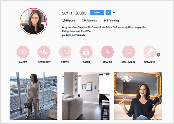 El perfil de Instagram de Amy Landino usa el identificador schmittastic. Su perfil de Instagram muestra categorías destacadas para AmyTV, Picmonkey, Viajes, Fechas, Salud, Columbus y Speaking. Las fotos muestran imágenes de Amy.