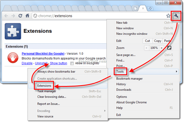 Google Chrome gestiona extensiones botón volver rojo