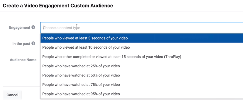 Menú desplegable de participación en la ventana Crear una audiencia personalizada de participación de video