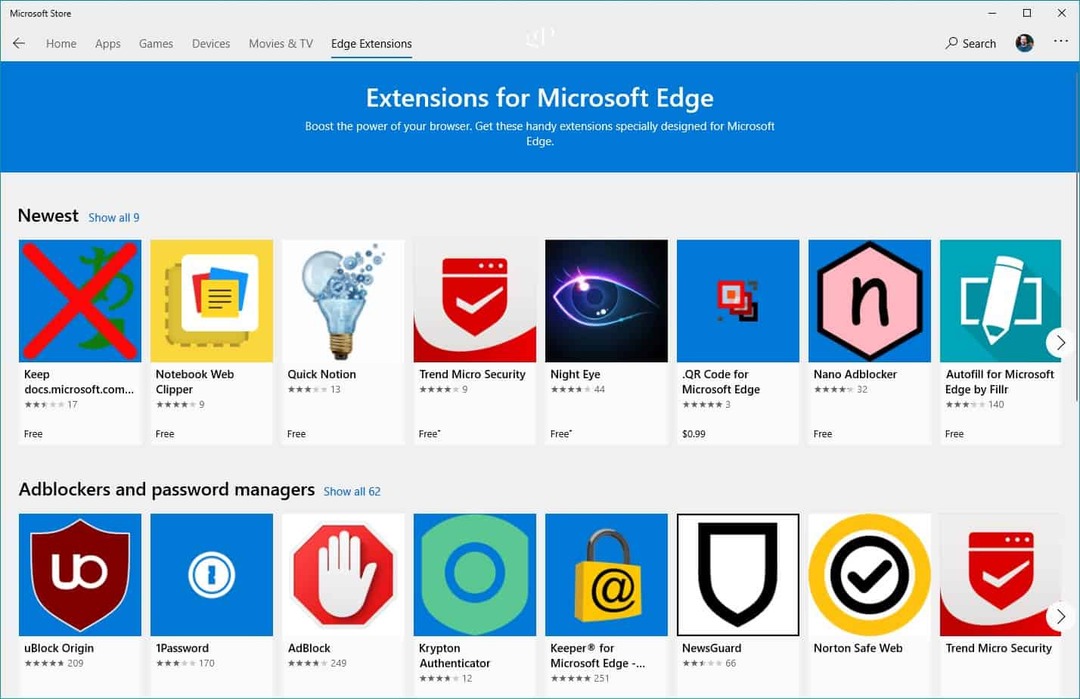 Extensiones Edge de Microsoft Store