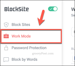 La pestaña Modo de trabajo BlockSite