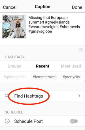 La aplicación Preview te ayuda a encontrar hashtags relevantes para agregar a tu publicación.
